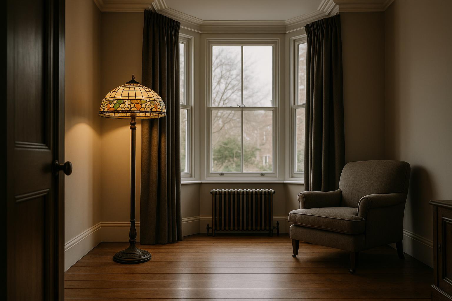 Giving a Bay Window Focus with a Large Tiffany Floor Lamp