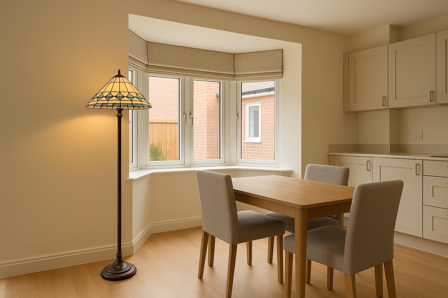 Giving a Bay Window Focus with a Large Tiffany Floor Lamp