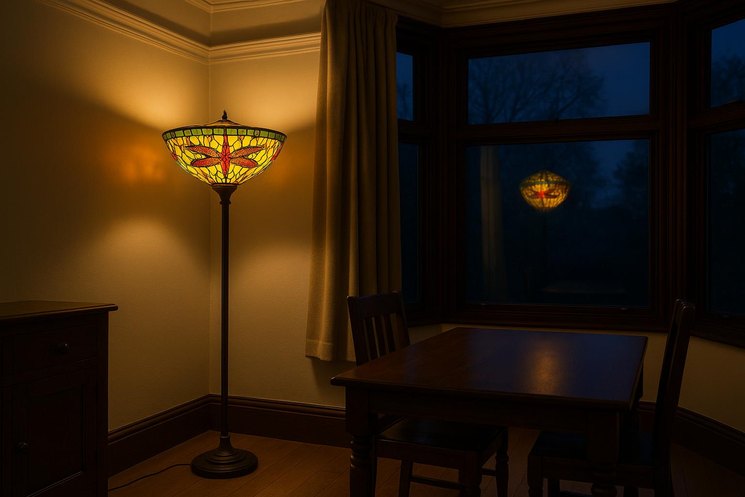 Giving a Bay Window Focus with a Large Tiffany Floor Lamp